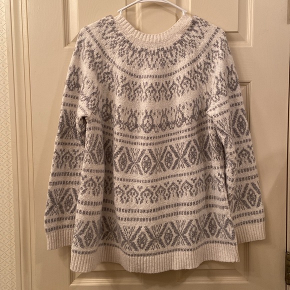 #32 J Jill Sweater Fair Isle White Gray Oversized Round Neck WM SZ M Warm Cozy - Picture 8 of 13